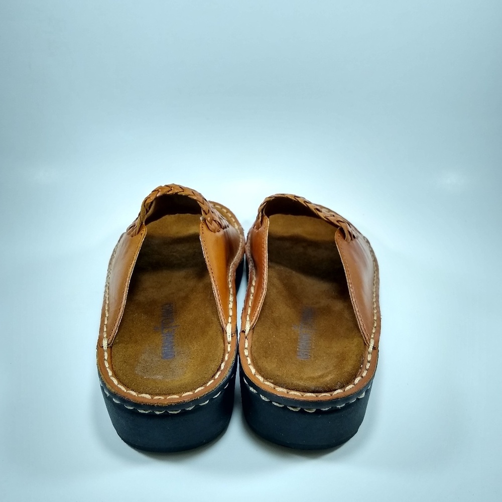 Minnetonka 7 Tan Brown Woven Leather Slide Sandal - Picture 6 of 8